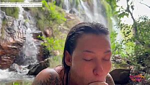 juicy latina milf with big ass and tits gets fucked hard at the waterfall licking swollen pussy 🍑💦
