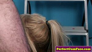 Busty british babe strokes and sucks cock for facial cumshot