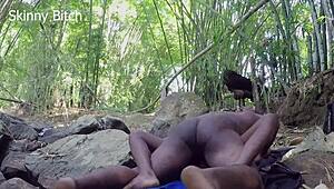 Bodybuilder takes skinny forest slut for raw domination sex part one