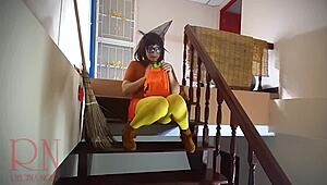 ugh, this halloween witch regina noir in yellow pantyhose teases with pumpkins on stairway