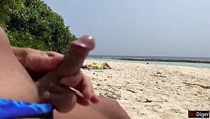 stepmom and stepdaughter flash dicks on beach get cum facials