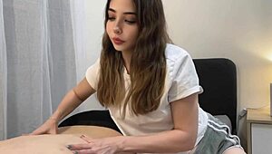 Employee's girl massages then rides boss while cuckold works nearby