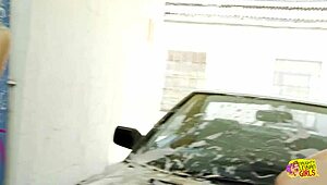 thick blonde lesbians finger lick toy up at naughty car wash foursome