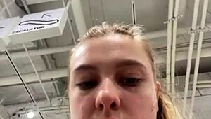 wanna see this horny blonde's shaved pussy get fucked up close in public?? her big natural tits bounce wild