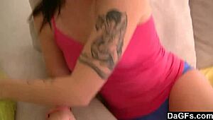 Girlfriend licks boyfriend's dildo on sofa, small tits brunette teen with tattoos 😏🔥 toys blowjob facial coming 💦