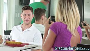 stepmom sneaks under the desk for hardcore blowjob cumshot on big tits milf cougar taboo 😜🔥