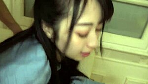 Skinny Japanese big tits babe gets bareback doggy creampie in homemade skirt sex!