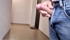 RISKY FLASH: i whip out my big cock to the cleaning milf and she grabs it for secret handjob