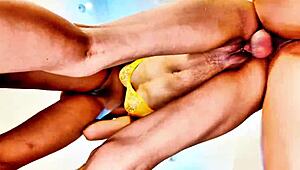 sexy brunette dives into wild ffm threesome with deepthroat doggystyle and squirting finish