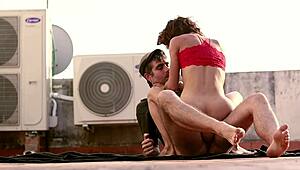 Woman in red begs fuck me hard rooftop now.