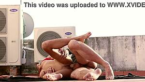 Woman in red begs fuck me hard rooftop now.