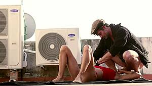 Woman in red begs fuck me hard rooftop now.