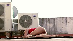 Woman in red begs fuck me hard rooftop now.