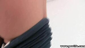 POV cute tiny brunette teen's shaved pussy hammered hard by throbbing cock