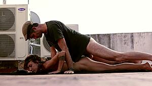 Woman in red begs fuck me hard rooftop now.