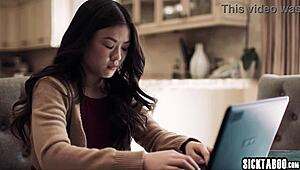 jealous asian teen lulu chu... she masturbated blew then got fucked hard by big cock with vic!!