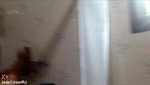 brunette brazilian housewife flashes juicy shaved pussy after bath with husband's friend