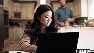 jealous asian teen lulu chu... she masturbated blew then got fucked hard by big cock with vic!!