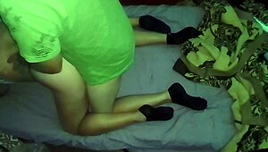 Intimate doggy style on the mattress with her in black thong