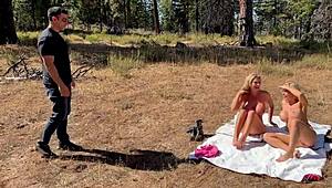 two huge tit milfs spot a hiker and seduce him for outdoor creampie cowgirl and cum in mouth