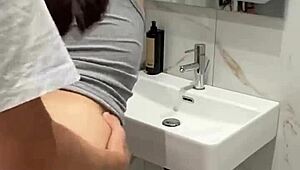 Quick bathroom fuck at the party while friends dance outside. Bent over creampie action heats up fast.