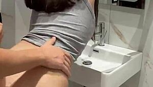 Quick bathroom fuck at the party while friends dance outside. Bent over creampie action heats up fast.