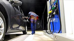 crossdresser rocks mini skirt fishnets heels at public gas station