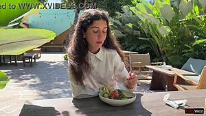 Friend flashes small tits in skirt at cafe toilet, begs cumshot facial on pretty face to eat food with sperm outdoors