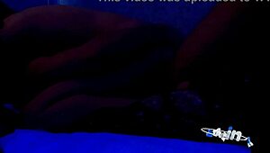 Skinny brunette with small waist rides old muscular guy's monster cock moaning wildly to sensual music.