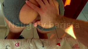 Fucking the slut before workout with leggings buried in her ass