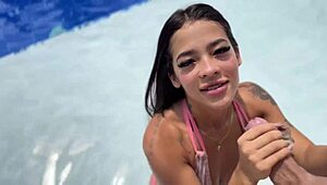 Colombian latina bends over poolside for huge cock doggystyle public creampie homemade pov pounding.