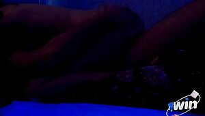 Skinny brunette with small waist rides old muscular guy's monster cock moaning wildly to sensual music.