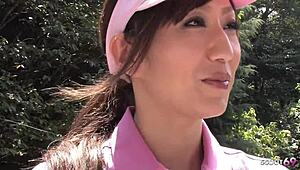 skinny japanese teen gives risky public blowjob to old guy during golf lesson