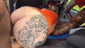 they pick her up for a ride then stop the car to fuck her deep in the woods