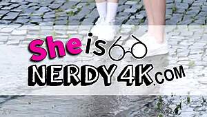 Hey this guy spots nerdy chick with cute ponytails walking around full scene