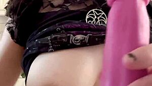 curvy brunette doll presses her big boobs on dildo in homemade play