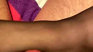 she teases her hubby with a steamy footjob in those black reinforced toe stockings