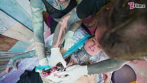 I get so turned on watching tattooed babe take big dick in wild foursome