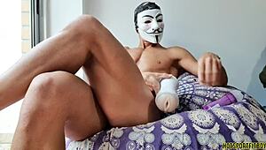 mysterious guy at halloween window fucks fleshlight hard while fingering ass