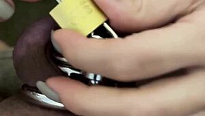 wife locks small cock cuck in cage mocks his tiny dick