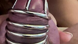 wife locks small cock cuck in cage mocks his tiny dick