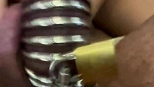 wife locks small cock cuck in cage mocks his tiny dick