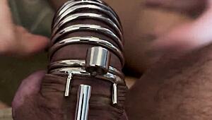 wife locks small cock cuck in cage mocks his tiny dick