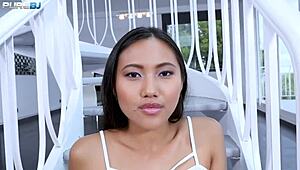 tiny titted thai may thai gags deep on massive interracial cock before swallowing cum load