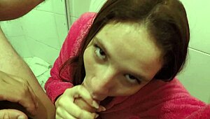 Why hide when this newbie loves slurping huge cock in bathroom?