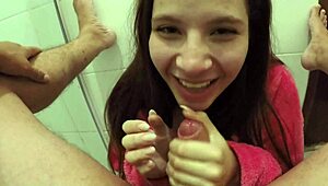 Why hide when this newbie loves slurping huge cock in bathroom?