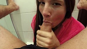 Why hide when this newbie loves slurping huge cock in bathroom?
