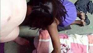 petite ebony domestic kneels to suck boss cock then bends for doggystyle pounding