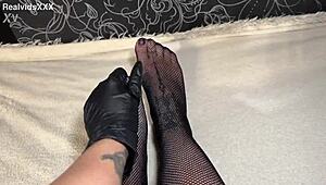 anna fingers her ass and pussy while in gloves fishnets damn