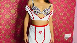 the indian nurse bends over in hospital to help erect my small cock with doggystyle sex and cum on small tits